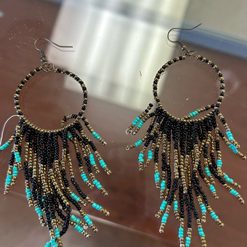 Beaded Fringe Hoop Earrings - Picture 2 of 5